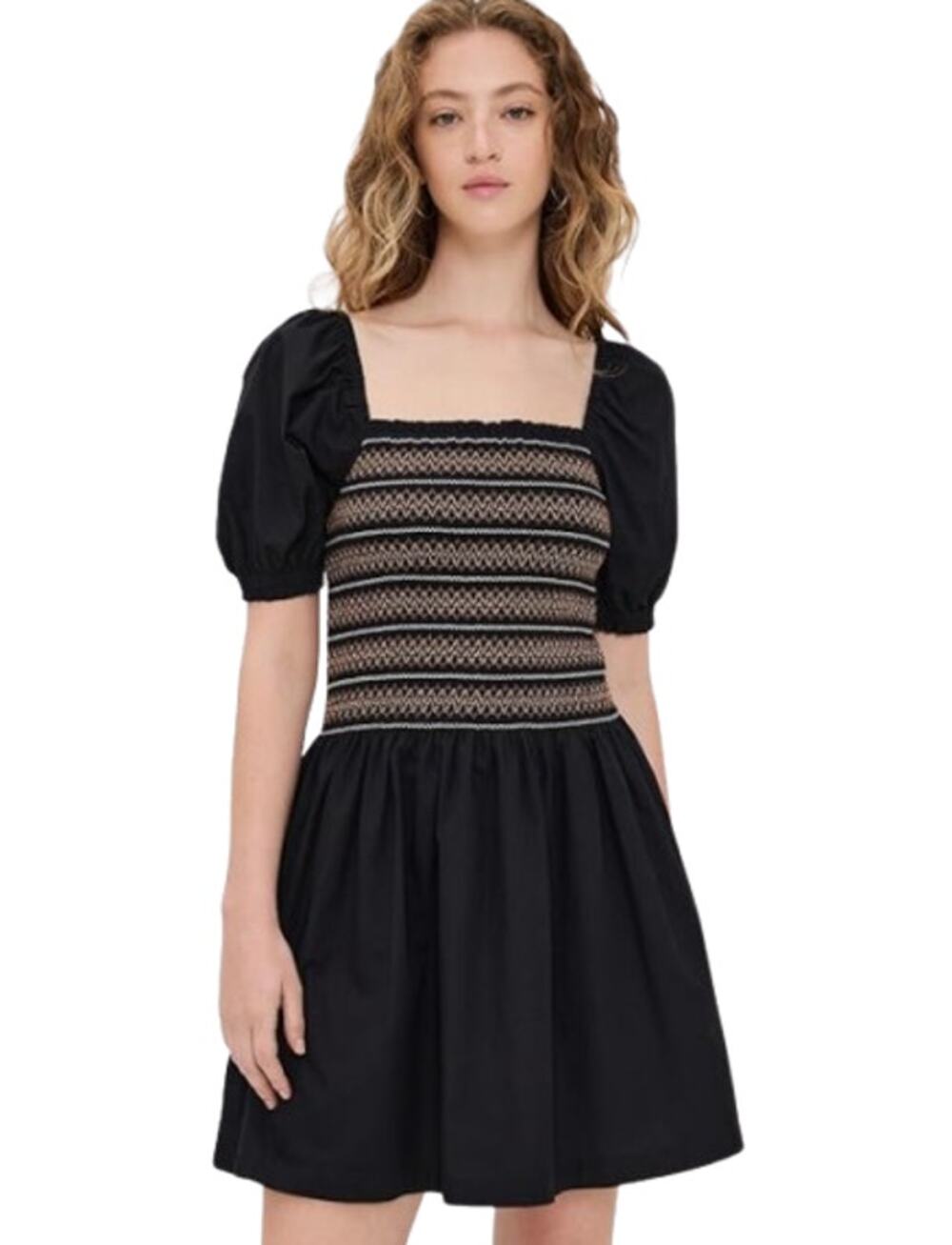 Madewell Womens Poplin Puff-Sleeve Mini Dress Small Black Smocked NU780 NWT